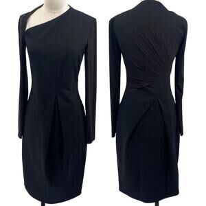 Sportmax Asymmetrical Neckline Sheath Dress Long Sleeve Pleated Black Medium